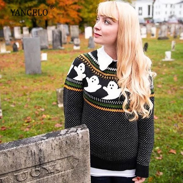 

yangelo ghost pattern knit sweater women 2021 fashion winter warm long sleeve loose comfortable pullover black gothic girl top