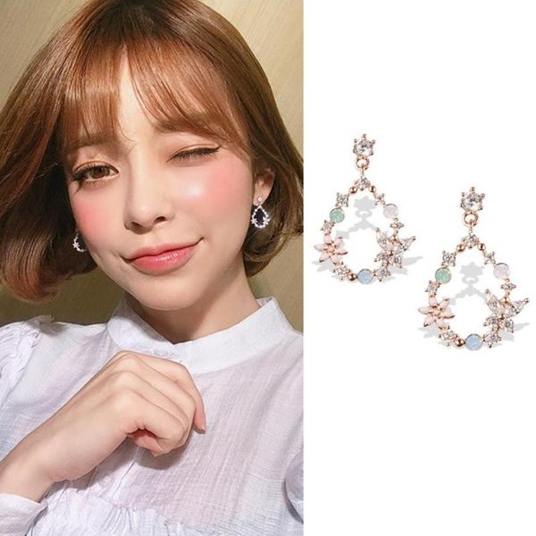 

none women chic elegant earring exquisite flower shimmer zircon eardrop dangle earrings & chandelier, Silver