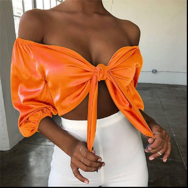 

summer tie up knot women shirts flared sleeved and party clothes office lady, White