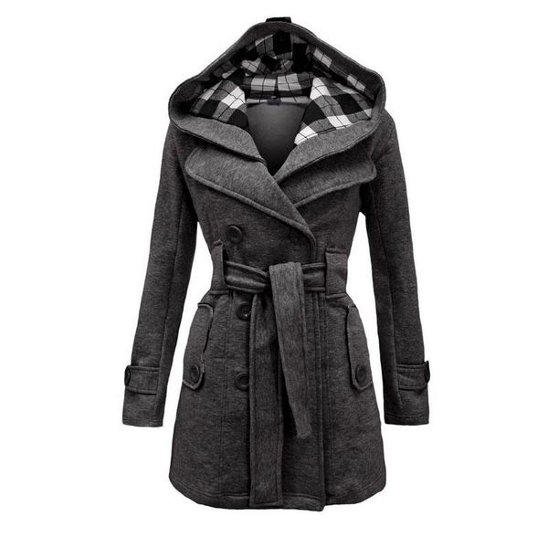 

women's wool & blends autumn winter tide plaid hooded belt double-breasted long coat large size imitation woolen female overcoat xxl,xx, Black