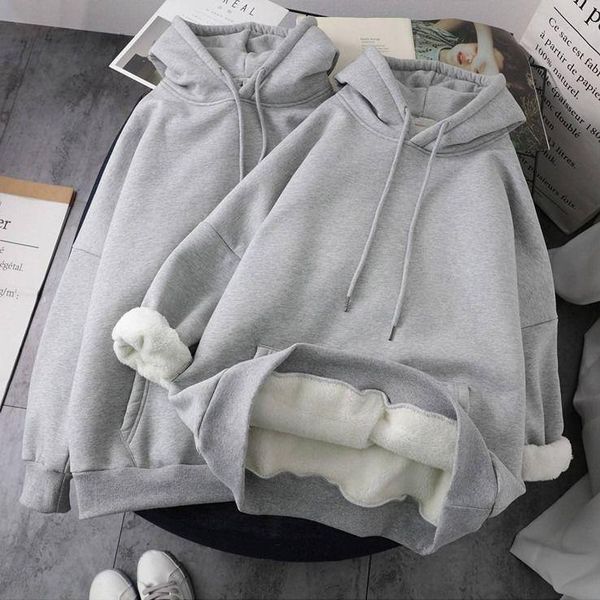 

women winter sweatshirts coat causal warm thick fleece pocket solid grey black female hooded outerwear harajuku bf oversize women's hoo