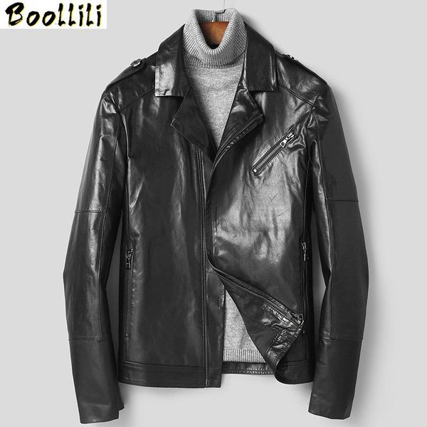

men's leather & faux boollili jacket real goatskin coat genuine men short motorcycle coats veste cuir homme, Black
