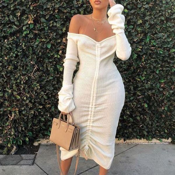 

casual dresses off shoulder pleated dress solid color drawstring bandage long sleeve maxi wrap hip irregular women vestidos, Black;gray