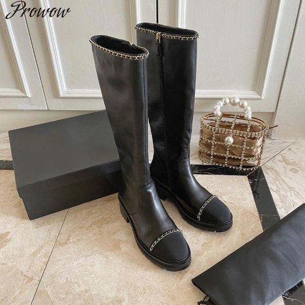 

boots prowow women long genuine leather platform knee-high metal decoration zip designer shoes size 35-41, Black