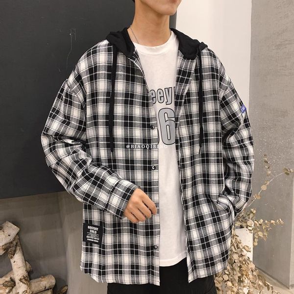 

men's hoodies & sweatshirts 2021 plaid hoodie sweatshirt flannel style hip hop punk streetwear casual cardigan long-sleeved, Black