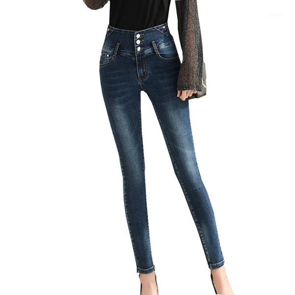 

women's jeans 2021 fashion leisure korean slim high waist thin lady autumn winter plus size stretch feet pants spring, Blue