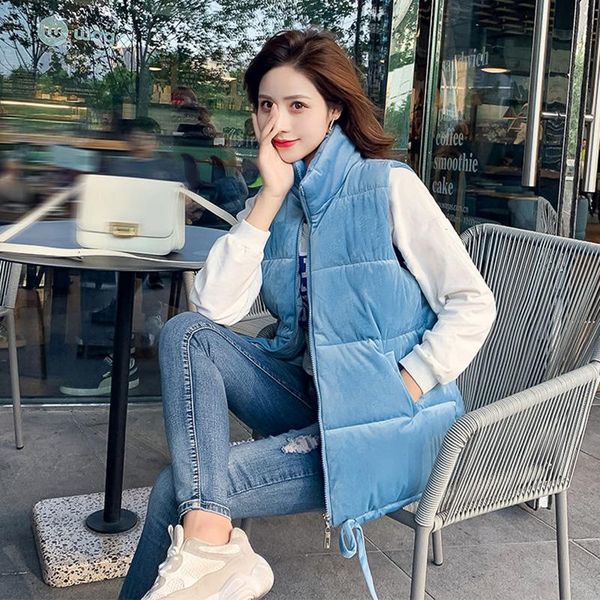 

women's vests gold velvet vest jacket winter wear all-match down cotton short bread coat thick waistcoat, Black;white