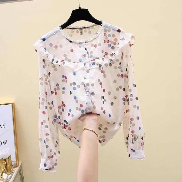 

women's blouses & shirts 2021 spring and summer style color polka dot chiffon shirt women fashion western long-sleeved temperament, White