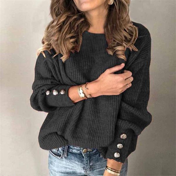 

women's sweaters womens 2021 fashion solid turtleneck pullover button long sleeve loose knitted sweater for women #t1g, White;black