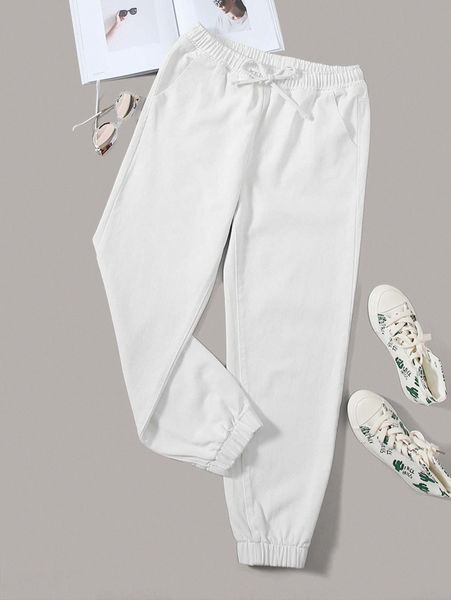 

high waisted tie waist slant pocket jogger jeans k8me#, Blue