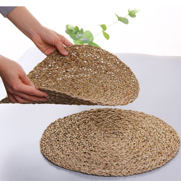 

round natural water and grass hand woven table heat insulation pad flowerpot desktea cup