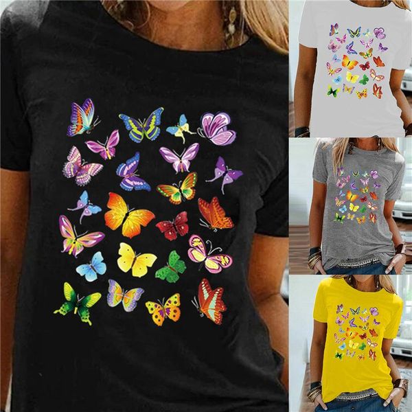 

women's t-shirt women casual t shirt summer butterfly print o neck female clothes short sleeve loose lady, White