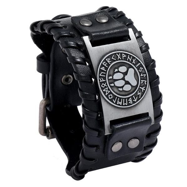

bangle jessingshow nordic viking odin bear men bracelets hand woven wide leather wristband adjustable bracelet punk jewelry, Black