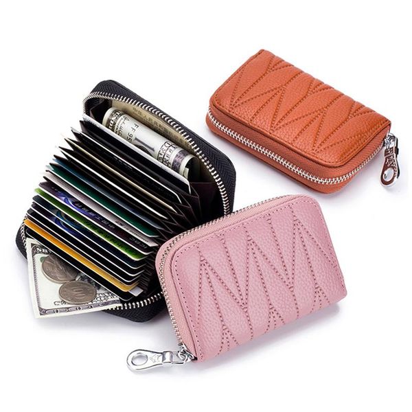 

card holders fashion rfid women genuine leather holder zipper coin pocket id case purse business organizer wallet for men, Brown;gray