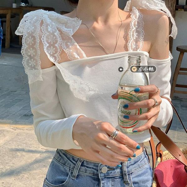 

women's t-shirt off shoulder tees white slash neck long sleeve slim crop for women clothing spring autumn bandage lace t shirts
