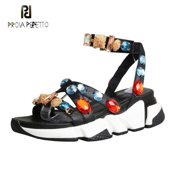 

prova perfetto luxury diamonds stud causal sandals women 2021 summer 5cm platform flat cross cow leather fashion females, Black