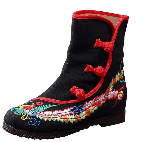 

boots butterflies embroidered vintage women nice autumn winter female round toe buckle square heel shoes botas feminina, Black
