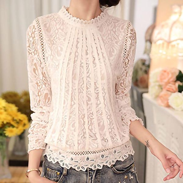 

women's blouses & shirts lace hollow out long sleeve turtleneck drawstring ruched casual spring elegant 2021, White
