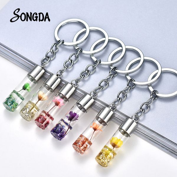 

creative dry flower bottle keychain eternal flower sparkling key rings assorted color for women girl car bag accessories, Silver