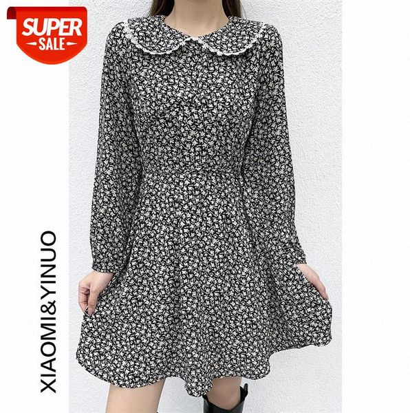 

[ou fan] 7787 floral dress early retro lace doll collar minority thin skirt #ht5x, Black;gray