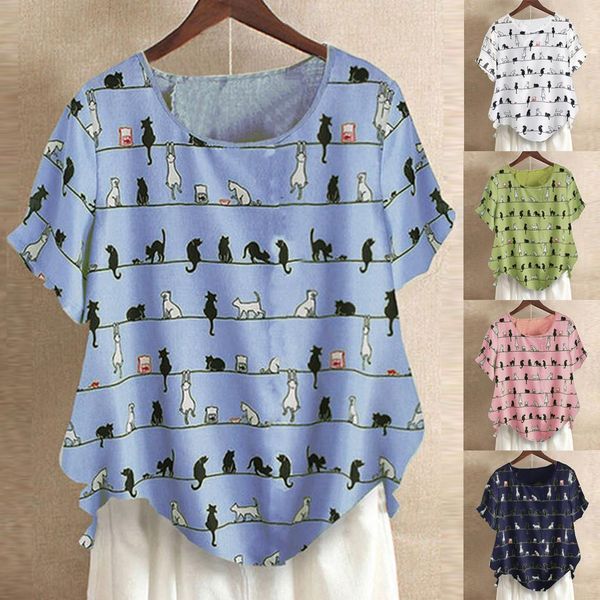 

harajuku tshirts funny cat print womens short sleeve o neck plus size camisetas mujer, White