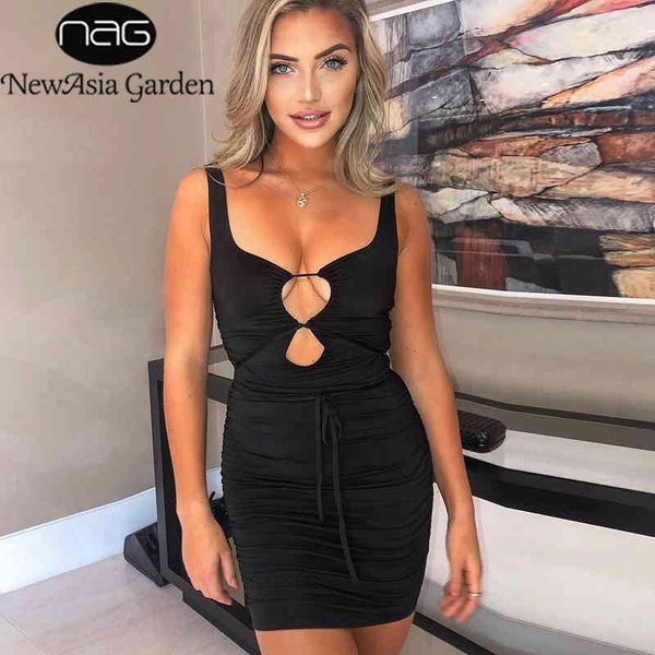 

newasia bodycon dress women cut out tie up 2 layers stretch high waist mini dresses club outfits fashion ruched tank robe 210413, Black;gray