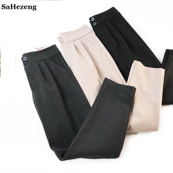 

women's pants & capris woolen with high waist 2021 autumn winter fashion warm women trousers pantalon femme casual female p64-4, Black;white