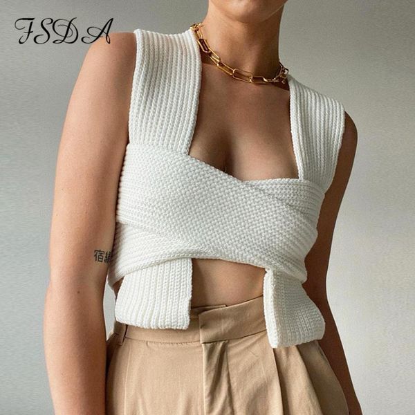 

2021 sleeveless knitted crop sweater autumn summer fashion vest black casual white jumper female pullover y2k, Black;white