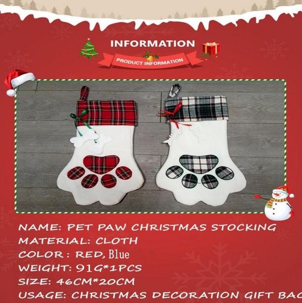

christmas stocking fashion combination pet dog paw gift bag plaid christmas stocking christmas tree decoration party decoration in 2 styles, Silver