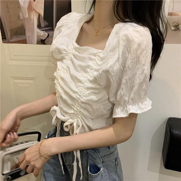 

women's blouses & shirts 2021 korean style drawstring square collar puff sleeve white vintage shirt ladies short woman summer