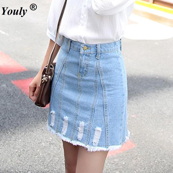 

skirts women tassels hole denim mini skirt fashion summer high waist korean blue package hip jeans harajuku plus size cotton, Black