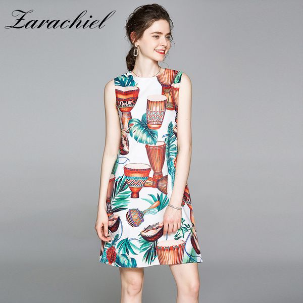 

summer ethnic holiday women sleeveless leaf print casual o-neck beach tank party dress female loose a-line vestidos 210416, Black;gray