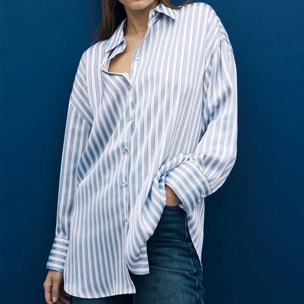 

women shirt za fashion striped lapel single-breasted office women's shirt casual chic street loose women 210601, White