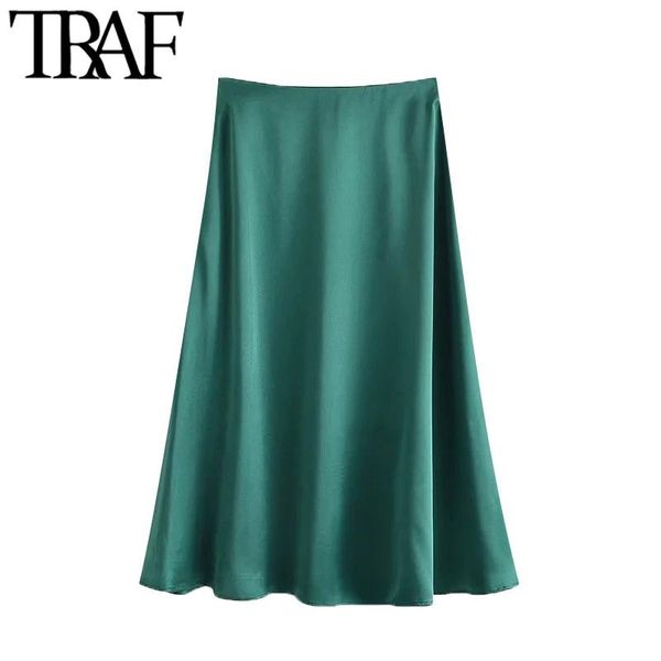 

skirts traf women chic fashion soft touch midi skirt vintage high waist side zipper female mujer, Black