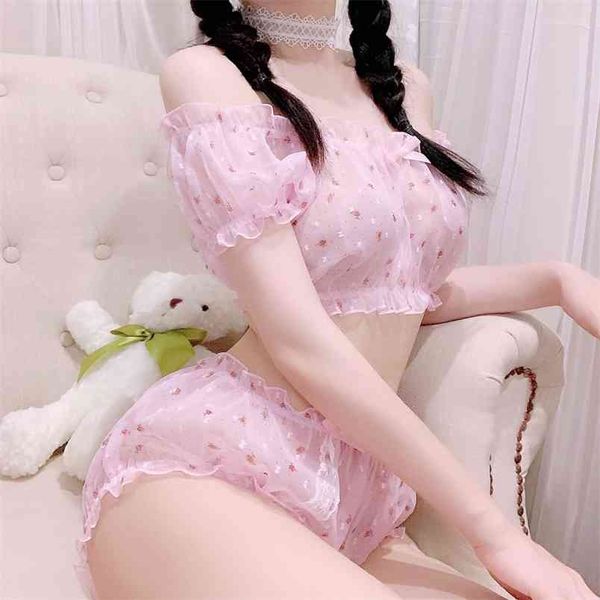 Kawaii pijama de verão feminino princesa transparente casa roupas 2 peça set para mulheres lolita sleepwear sexy lingerie 210830