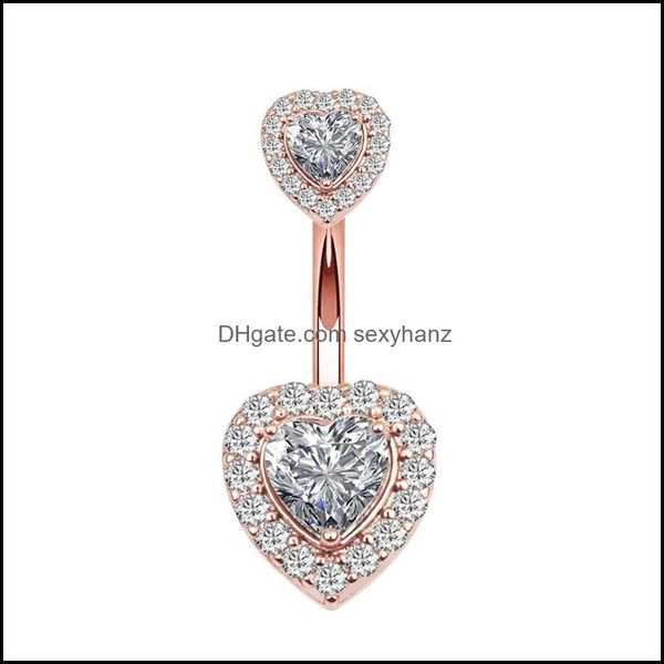 

navel & bell button rings body jewelry s2437 single piece stainless steel belly ring diamond zircon double heart rose gold women girl p, Silver