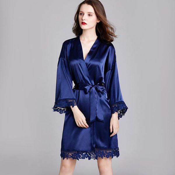 

women's sleepwear women satin silk bathrobe kimono gown nightgown bride bridesmaid wedding robe lace patchwork loose lingerie, Black;red