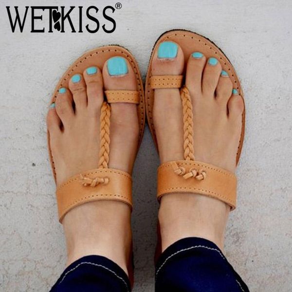 

slippers wetkiss summer woman 2021 women slides girl fashion casual weave shoes flat flip flop beach mules, Black