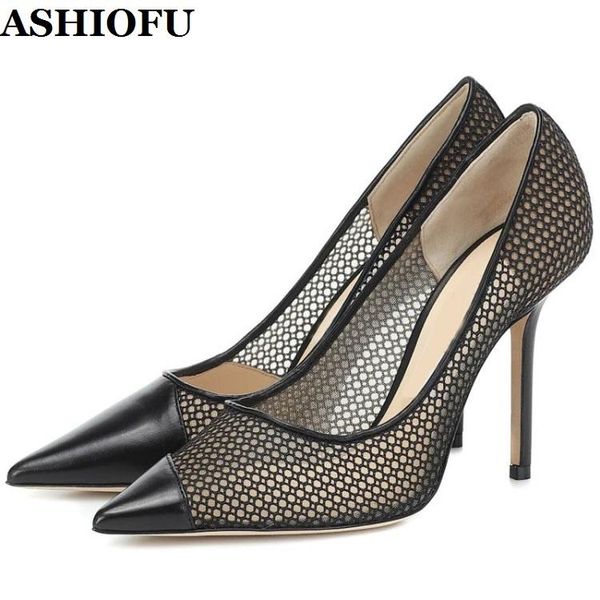 

dress shoes ashiofu est women's high heels pumps air-mesh net leather party prom slip-on pointy evening fashion pump, Black