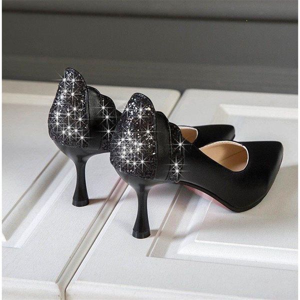 

dress shoes women's high-heeled with spring and summer 2021 temperament pointed shallow mouth fashion sequins, Black