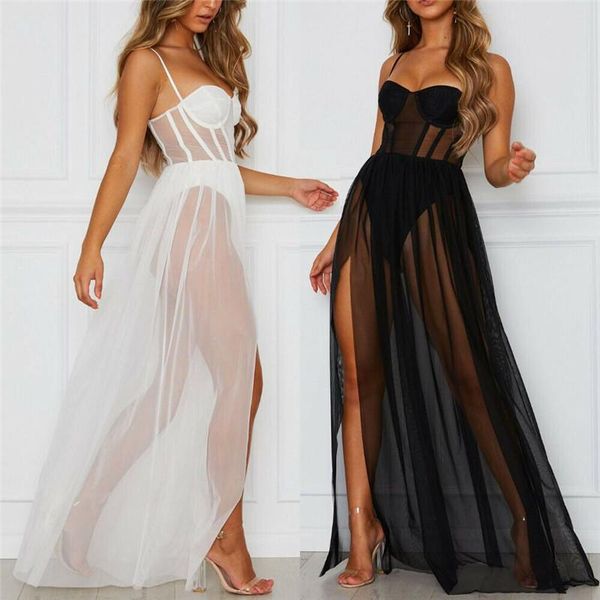 Einteilige Anzüge Sexy 2021 Frauen Perspektive Mesh Gaze Ärmel Badeanzug Backless Party Lange Maxi Kleid 2 stücke Urlaub Beachwear