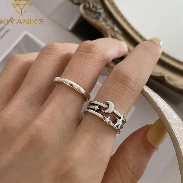 

silver hollow heart moon star thai open rings for women couples vintage simple party jewelry gifts wedding, Slivery;golden