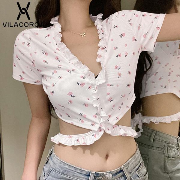

women's t-shirt high street floral print tee shirt women clothes hollow tees ruffles pullover crop mujer v-neck short sleeves, White