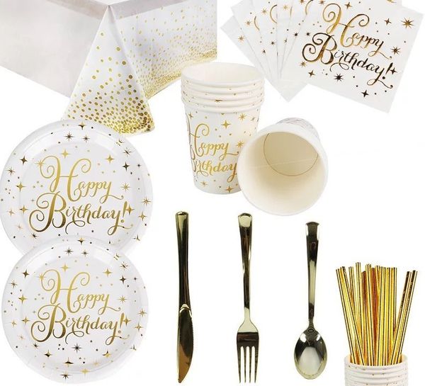 

new stamping happy disposable tableware plate cake knife, fork and spoon party decoration set