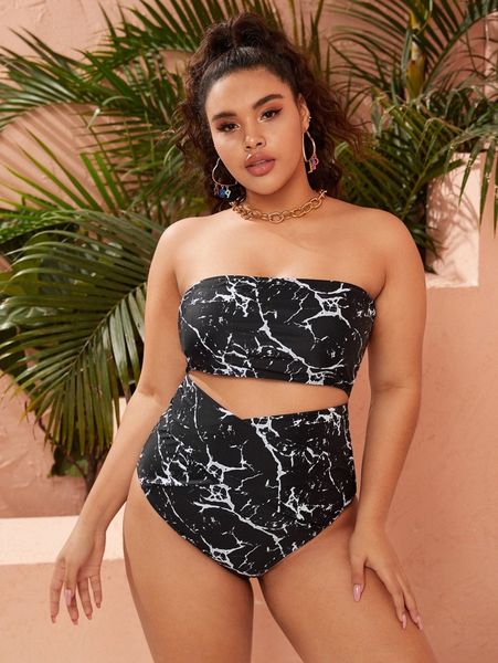 

plus marble print bandeau bikini swimsuit c5t4#, Black