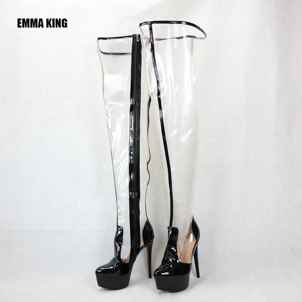 

boots women platform over the knee transparent thin high heels patent leather long 2021, Black