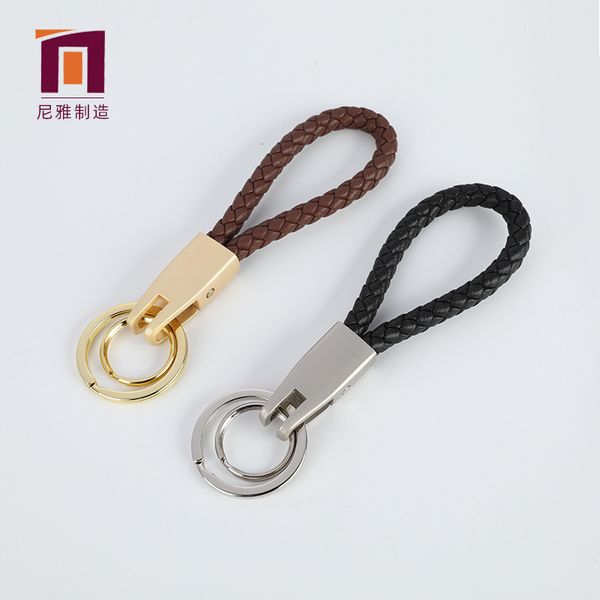 

factory creative double ring leather pu hand woven rope keychain