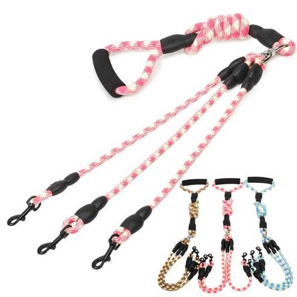 

pet products leash one drag three nylon braid round rope foam handle metal buckle pull 3 dogs at the same time dog collars & leashes