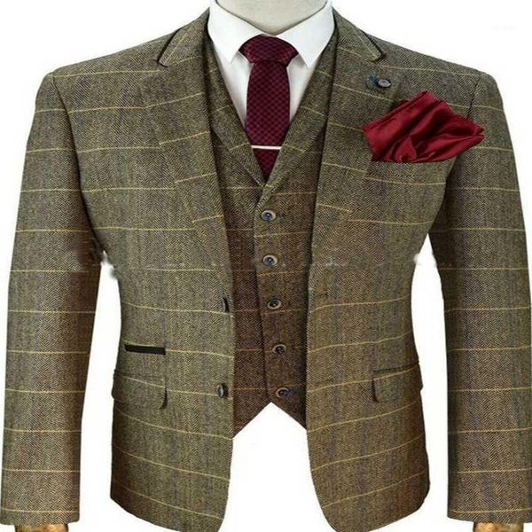 

men's suits & blazers 2021 army green vintage wool blend herrongbone plaid 3 pieces notch lapel two button formal wedding, White;black