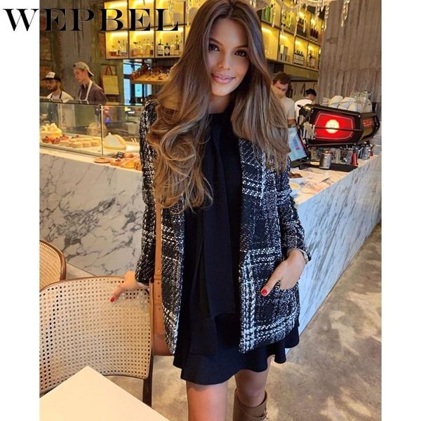 

& faux leather wepbel autumn and winter women's vintage plaid jacket ladies elegant suit collar one button slim woolen coat outerwear, Black